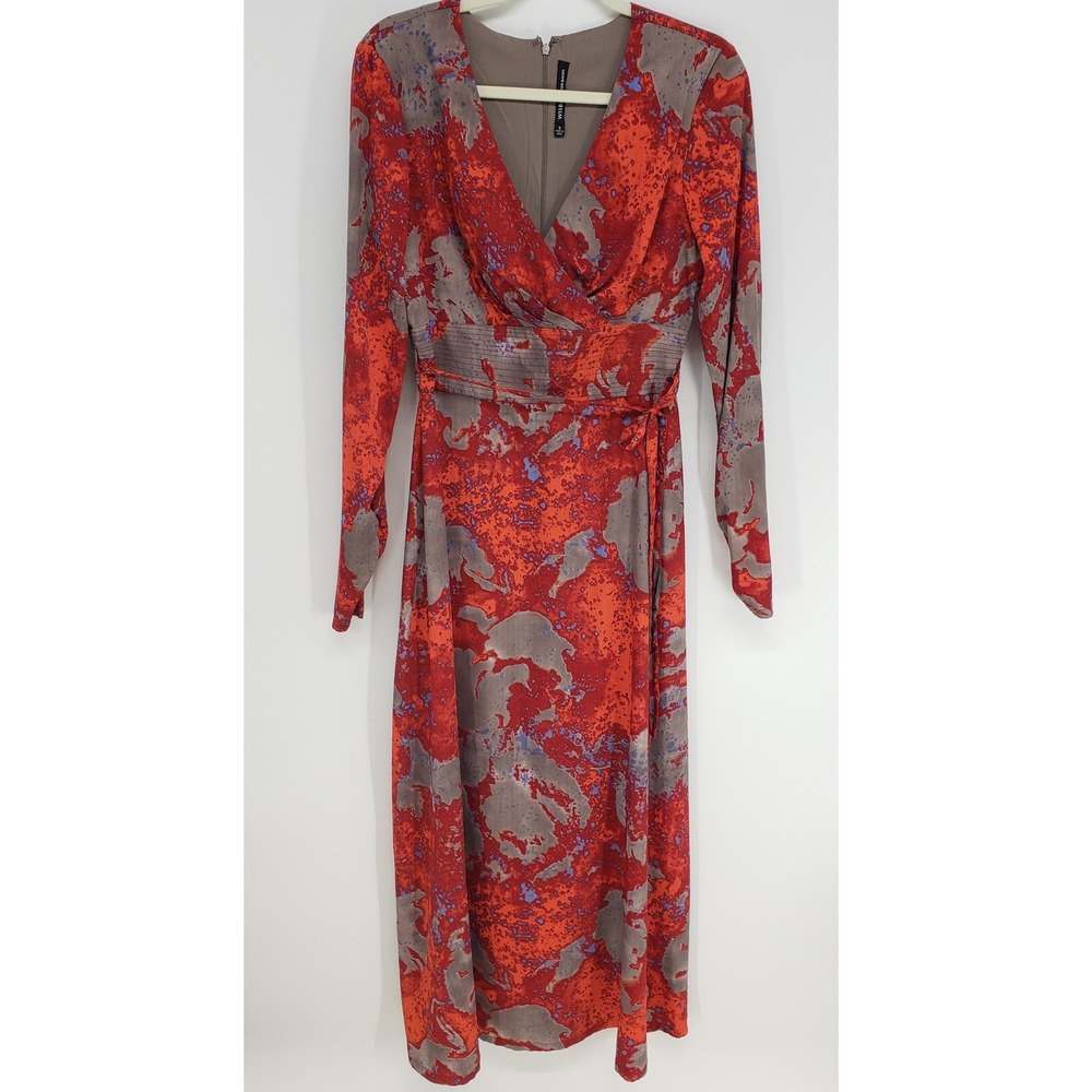 W118 by Walter Baker Abstract Maxi Dress Womens S Red Long Sleeve Faux Wrap Boho